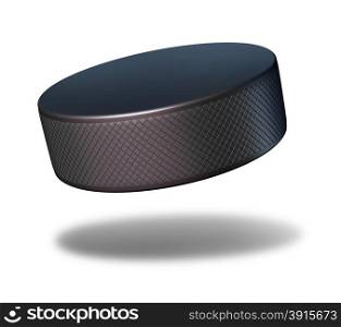 Hockey puck sport equipment flying in mid air on a white background as a winter sports symbol for professional or amateur game play in an ice rink.