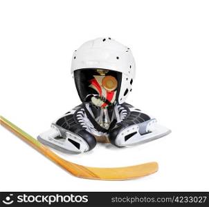 Hockey stick ice skating helmet cup winner. Isolated on white background