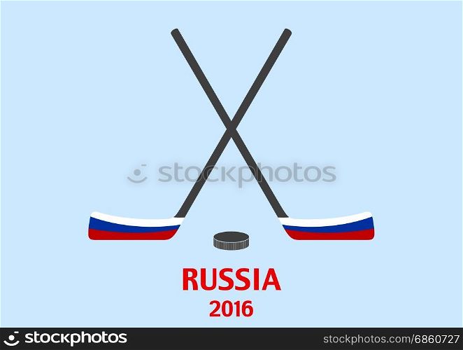 Hockey sticks and puck with the Russian flag