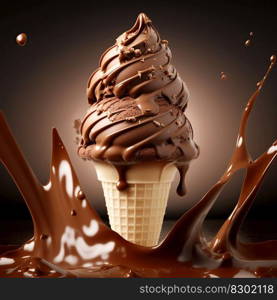  hocolate ice cream cone and chocolate splash. Generative AI