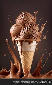  hocolate ice cream cone and chocolate splash. Generative AI