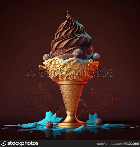  hocolate ice cream or dessert in golden bowl, generative AI