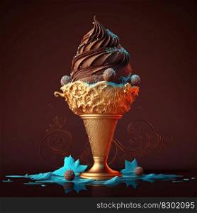  hocolate ice cream or dessert in golden bowl, generative AI