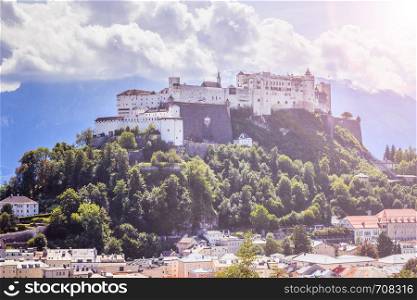 Hohensalzburg fortress, captured from the Kapuzinerberg. Summer time with sunlight.