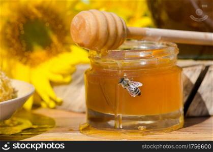 Hohey in glass jars and western honey bee. Honey Bee on nature background . Bee sitting on glass of honey. Honey in glass jar with flying honey bee