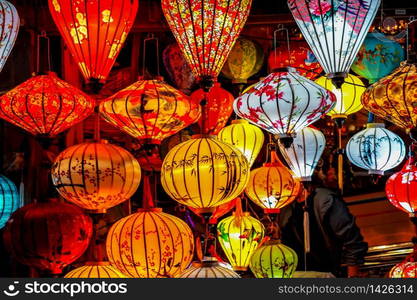 Hoi An, Vietnam - Nov ,07, 2019 : Traditional Vietnamese Colorful Lanterns at Night on the Streets of Hoi An, Vietnam