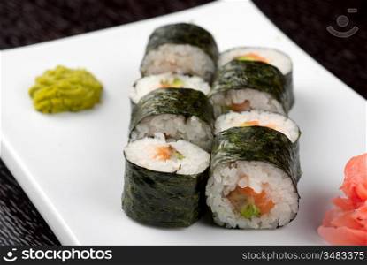 Hokkaido maki: sushi rool of avocado, nori, salmon