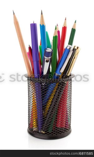 holder basket and pen with pencil isolated on white background