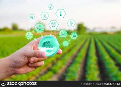 Holding a globe with innovations on farm field background. Use of innovative technologies in agriculture. Internet of Things and industry digitalization. Agroindustry and agribusiness. Agriculture