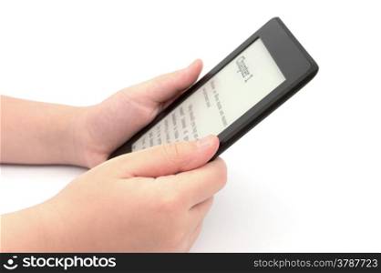 Holding E-book reader in hands isolated on white