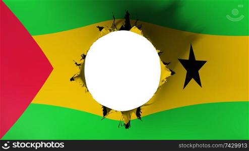 Hole cut in the flag of Sao Tome and Principe, white background, 3d rendering. Hole cut in the flag of Sao Tome and Principe