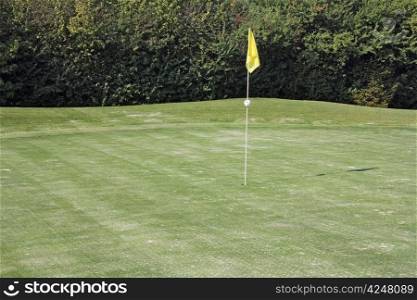 Holes of golf on the green grass, marked a yellow flag