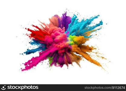 Holi color powder explosion with rainbow on isolated white background, burst of vibrant colors by Generative AI