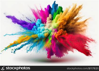 Holi color powder explosion with rainbow on isolated white background, burst of vibrant colors by Generative AI