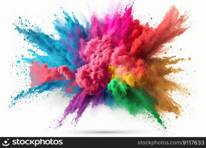 Holi color powder explosion with rainbow on isolated white background, burst of vibrant colors by Ge≠rative AI