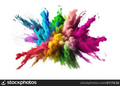 Holi color powder explosion with rainbow on isolated white background, burst of vibrant colors by Generative AI