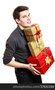 Holiday and special occasion. Young handsome man giving a lot of presents gifts boxes isolated on white. Surprise. Studio shot.