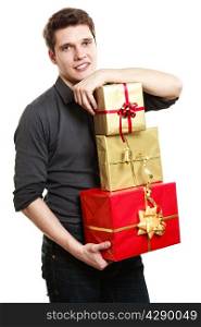 Holiday and special occasion. Young handsome man giving a lot of presents gifts boxes isolated on white. Surprise. Studio shot.