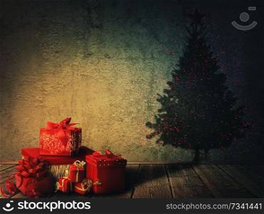 Holiday atmosphere as a stack of gifts and presents transformation casting a Christmas tree shadow on the wall.
