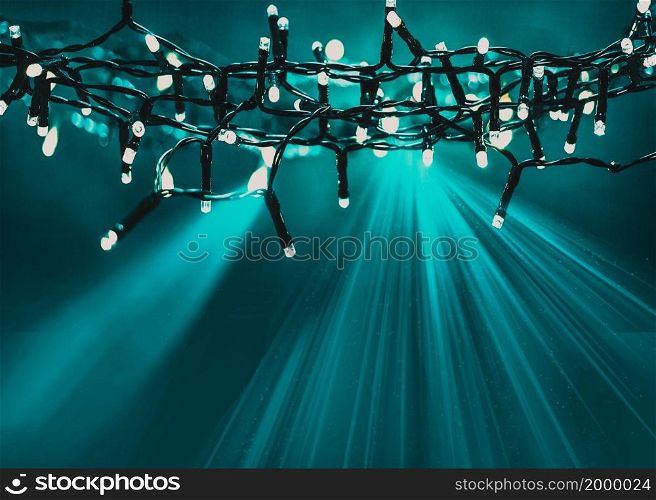 holiday background of Christmas lights with space for text