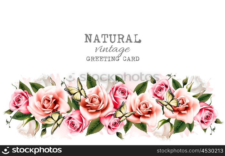 Holiday background with beautiful flowers and butterflies. Vector.