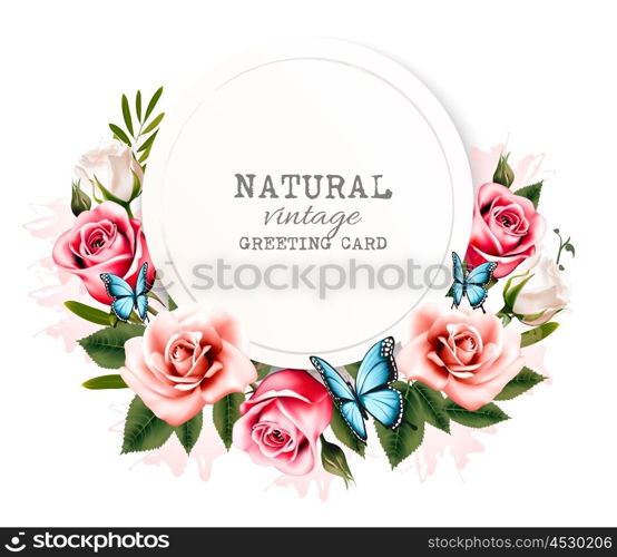 Holiday background with beauty flowers and butterflies. Vector.