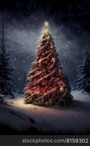 Holiday background with illuminated Christmas tree under starry night sky