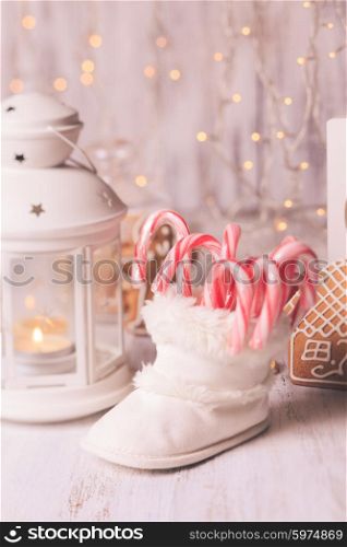Holiday candies - Santa stuffs in white bootie, Christmas decor