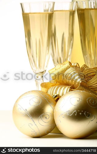 holiday card golden champagne and gift