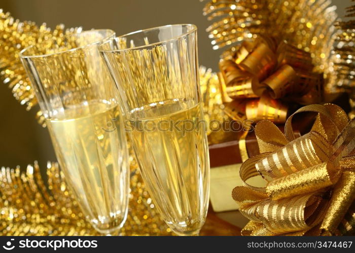 holiday card golden champagne and gift