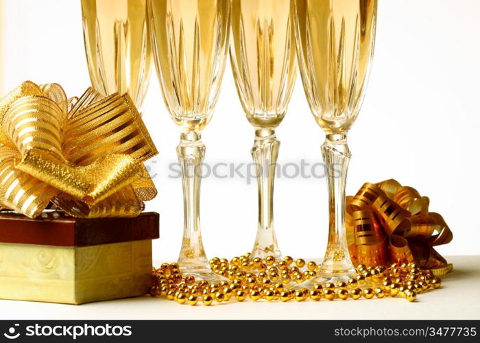 holiday card golden champagne and gift