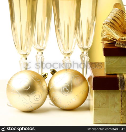 holiday card golden champagne and gift