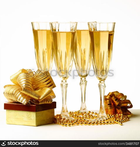 holiday card golden champagne and gift