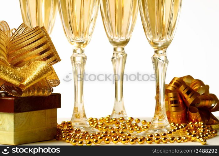 holiday card golden champagne and gift