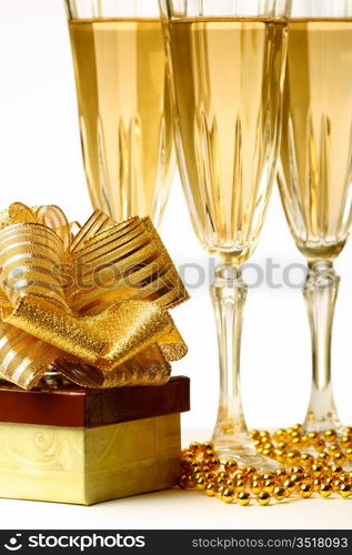 holiday card golden champagne and gift