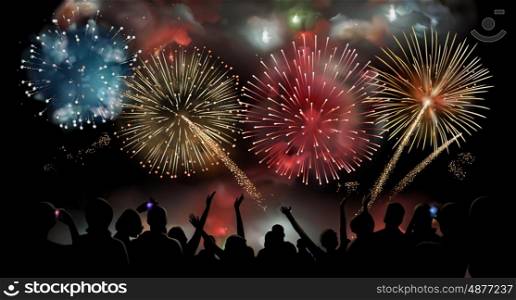 Holiday Celebration with fireworks show at night, silhouette of people watching a festive fireworks display, vector background
