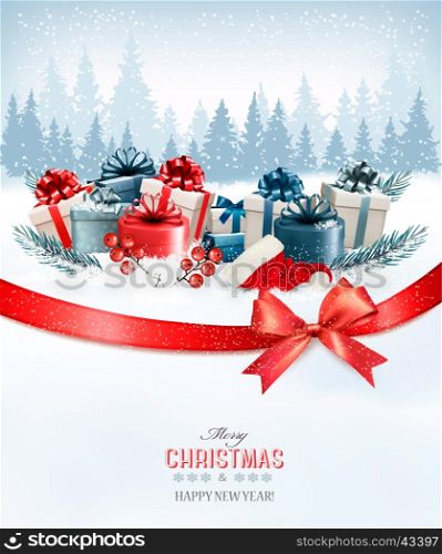 Holiday Christmas background with a gift boxes.and red bow Vector