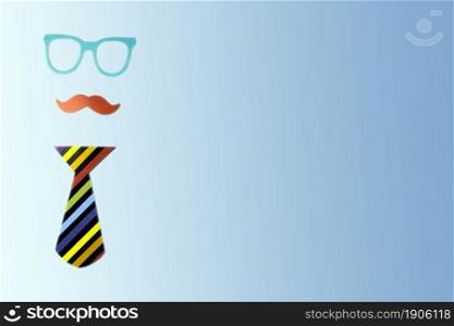 Holiday concept Father&rsquo;s Day.National men&rsquo;s Day Flatlay Hat, bow-tie and funny black mustache Copy space for text. blue background. Holiday concept Father&rsquo;s Day.National men&rsquo;s Day Flatlay Hat, bow-tie and funny black mustache Copy space for text.