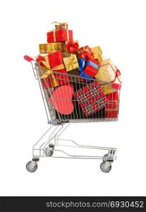 Holiday Concept: Perfect Shopping Cart Filled with Red, Yellow and Gold Christmas Gifts on isolated on White Background