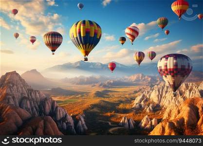 Holiday Destination of Hot Air Balloons Flying Over Mountains in Cappadocia Turkey at Bright Day