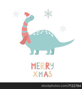 Holiday dino with Santa hats. Hand drawn seasonal card. Holiday dino in Santa hats. Hand drawn card