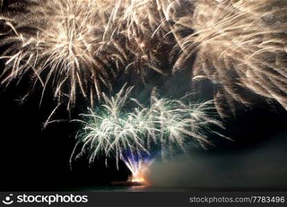 Holiday fireworks on black night sky over water