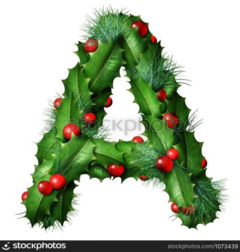 Holiday font letter A as a festive winter season decorated garland as a Christmas or New Year seasonal alphabet lettering isolated on a white background.