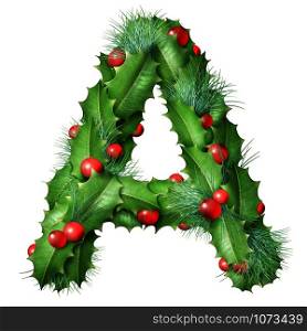 Holiday font letter A as a festive winter season decorated garland as a Christmas or New Year seasonal alphabet lettering isolated on a white background.