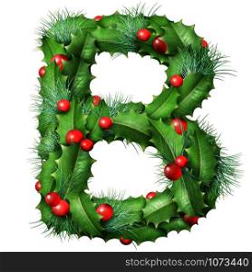 Holiday font letter B as a festive winter season decorated garland as a Christmas or New Year seasonal alphabet lettering isolated on a white background.