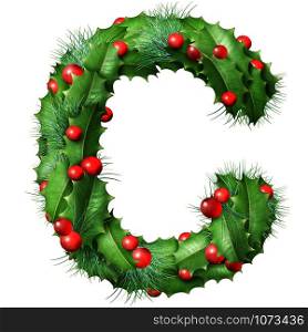 Holiday font letter C as a festive winter season decorated garland as a Christmas or New Year seasonal alphabet lettering isolated on a white background.