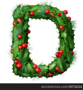 Holiday font letter D as a festive winter season decorated garland as a Christmas or New Year seasonal alphabet lettering isolated on a white background.