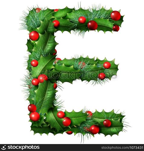 Holiday font letter E as a festive winter season decorated garland as a Christmas or New Year seasonal alphabet lettering isolated on a white background.