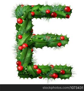 Holiday font letter E as a festive winter season decorated garland as a Christmas or New Year seasonal alphabet lettering isolated on a white background.