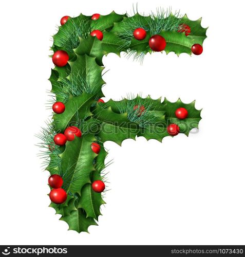 Holiday font letter F as a festive winter season decorated garland as a Christmas or New Year seasonal alphabet lettering isolated on a white background.